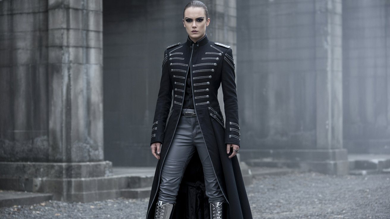 A woman in a black coat and boots stands confidently in a dark alley, embodying military goth style with sharp silhouettes.
