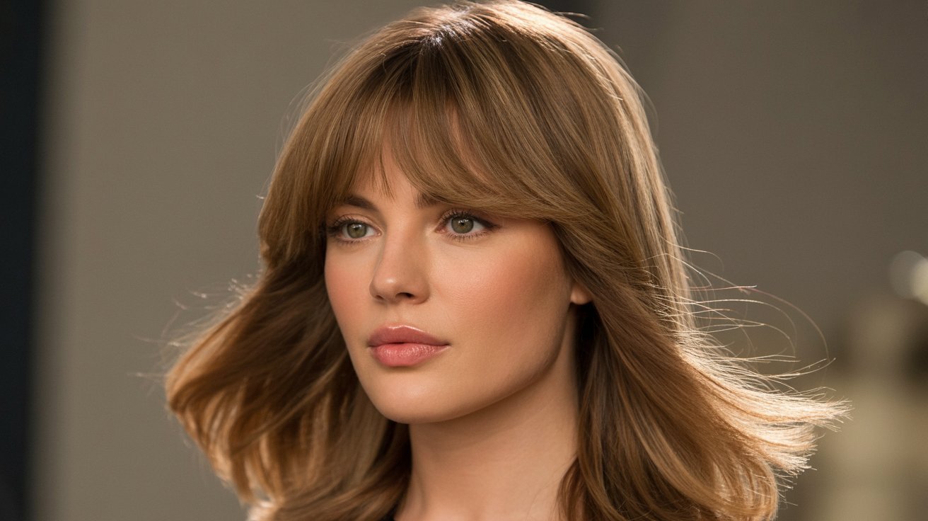 A woman with long hair featuring curtain bangs, styled properly around her face.
