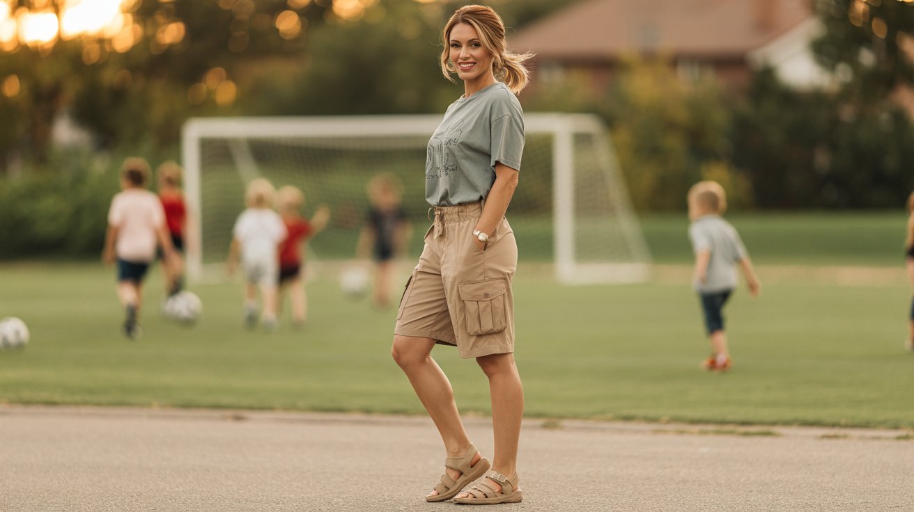 A woman in a graphic tee, cargo shorts, and sport sandals stands confidently in front of a soccer field.