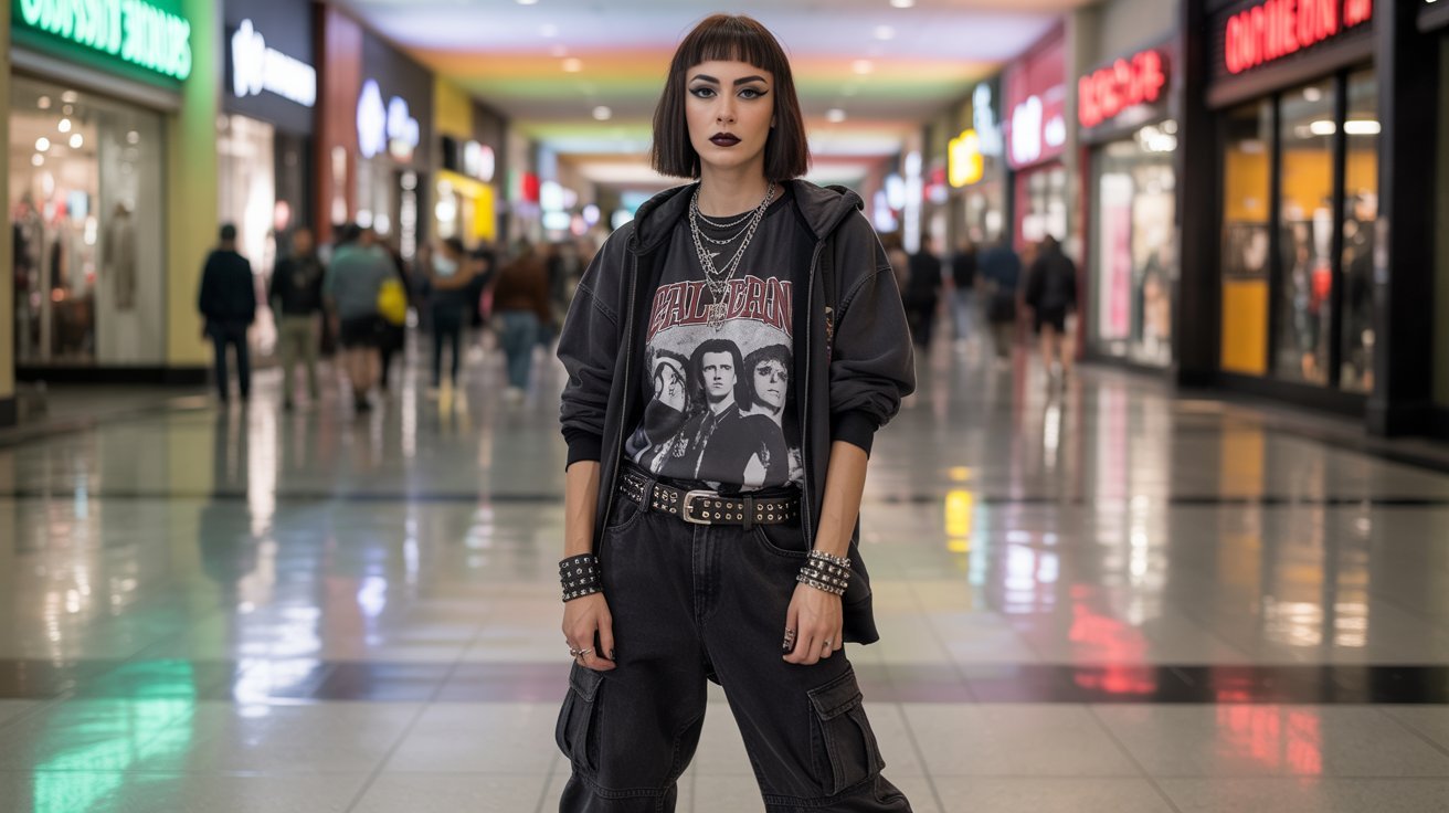 A woman in a mall wearing a black shirt and pants, embodying the mall goth style popular in the late 1990s and early 2000s.
