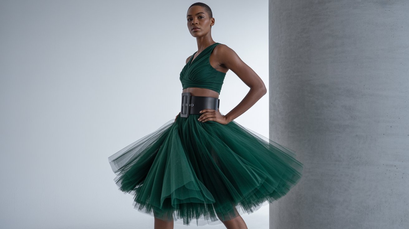 A confident person stands in a green, flowing dress with a structured, wide black belt. The background is minimalistic, evoking a modern, elegant tone.