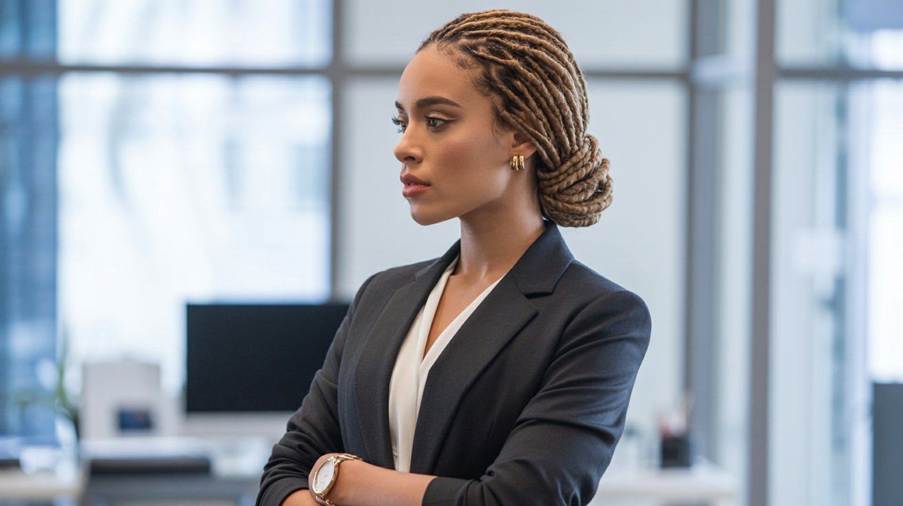 A woman in a business suit with faux locs stands confidently in a modern office setting.