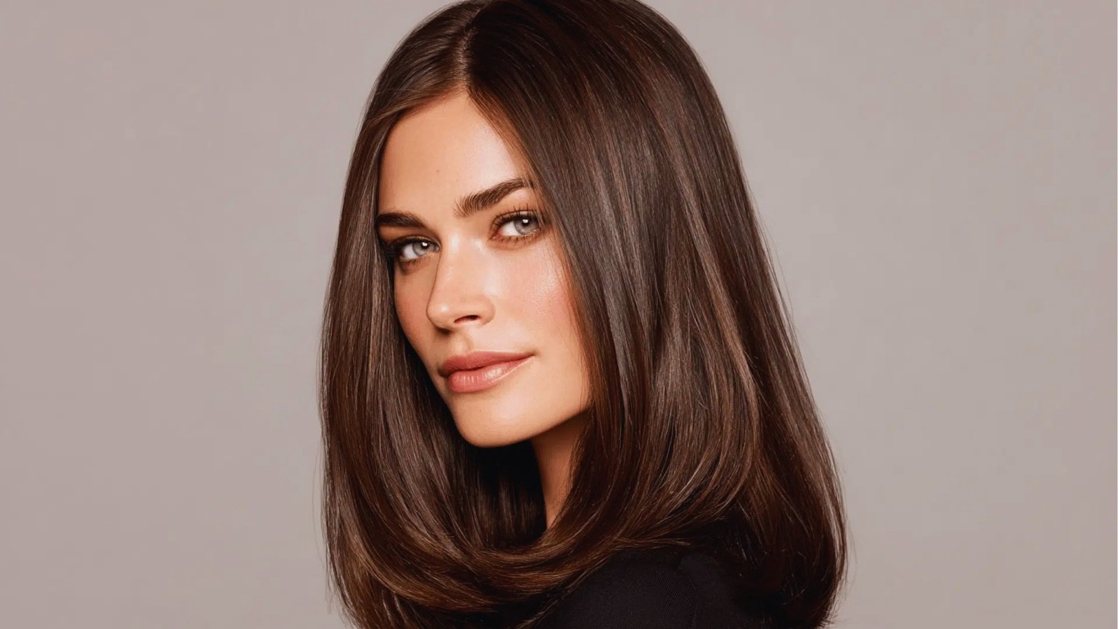 Smooth straight shoulder length haircut with subtle layers and center part on dark brown hair