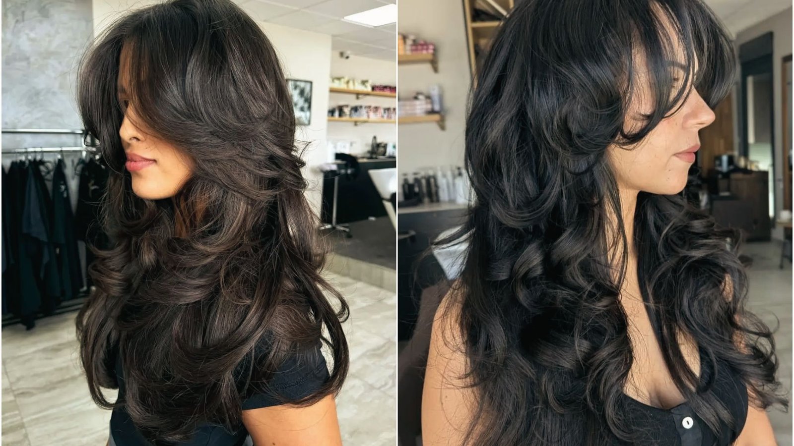 Two images of a woman with long butterfly cut hair, improved with extensions, showcasing different angles and styles.
