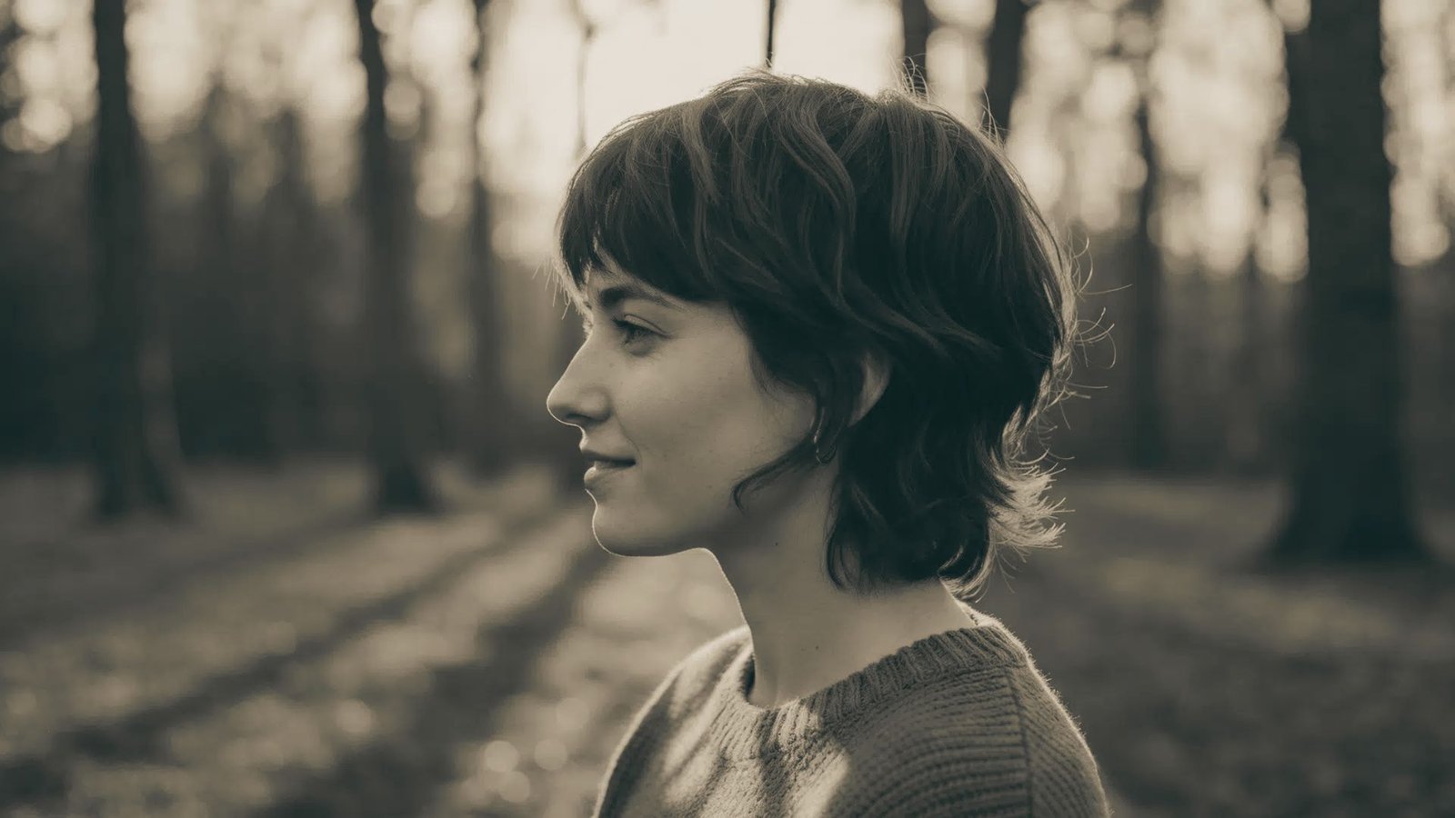 A woman with a faux hawk mullet gazes away while standing in a lush green forest.