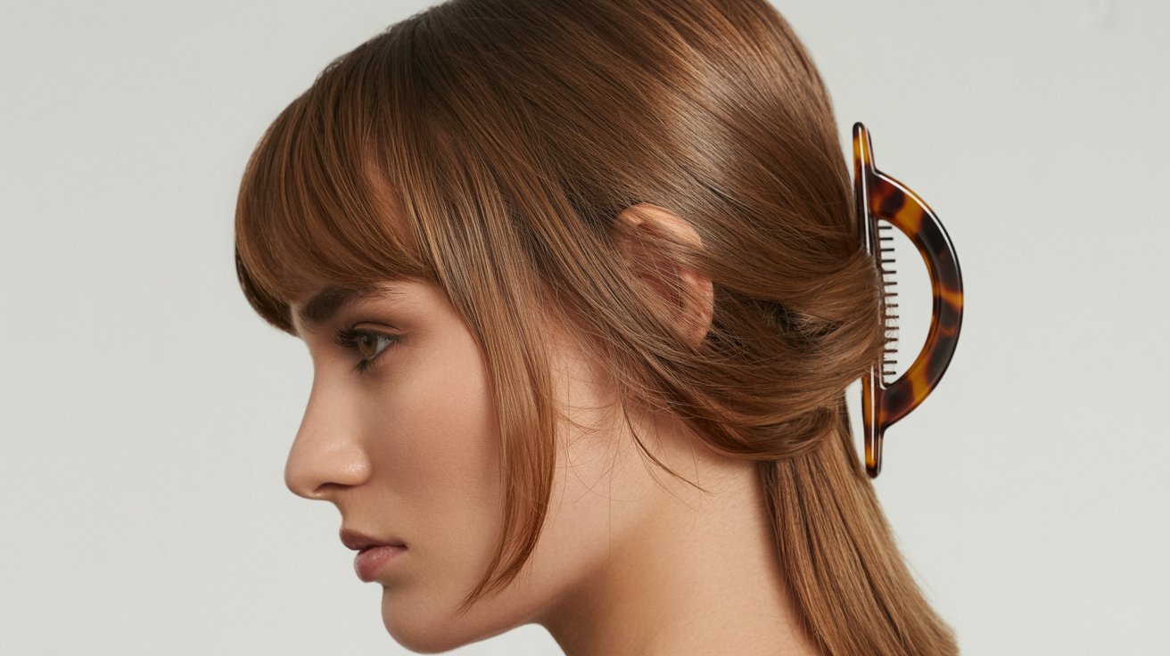 A woman with long layered hair and curtain bangs, styled with a tortoise shell claw clip.
