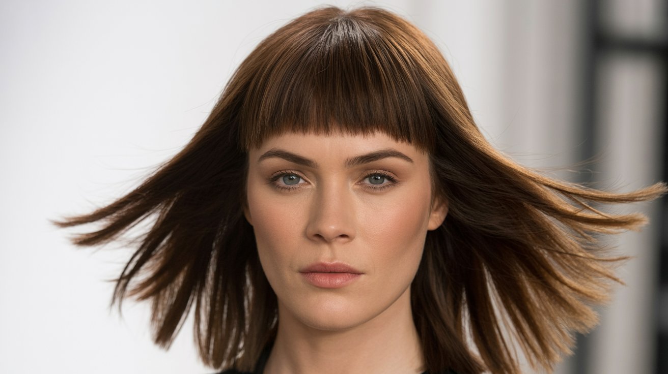 A woman with long brown hair and bangs, showcasing the baby bangs hairstyle from a guide on face shape types.
