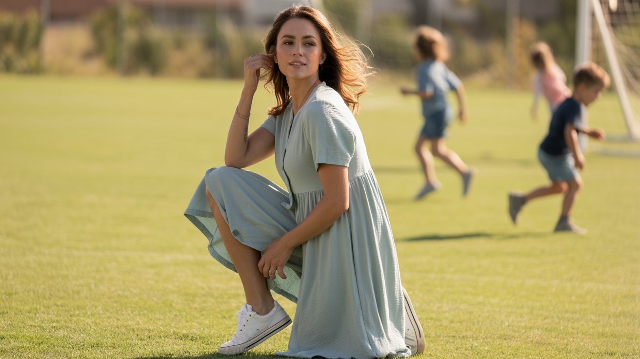 A woman in a blue flowy dress and sneakers sits on the grass, enjoying a comfortable and stylish outdoor moment.
