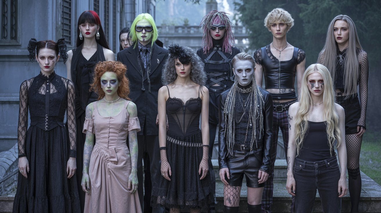 A group of gothic girls poses together for a photo, showcasing their dark, dramatic fashion and style.
