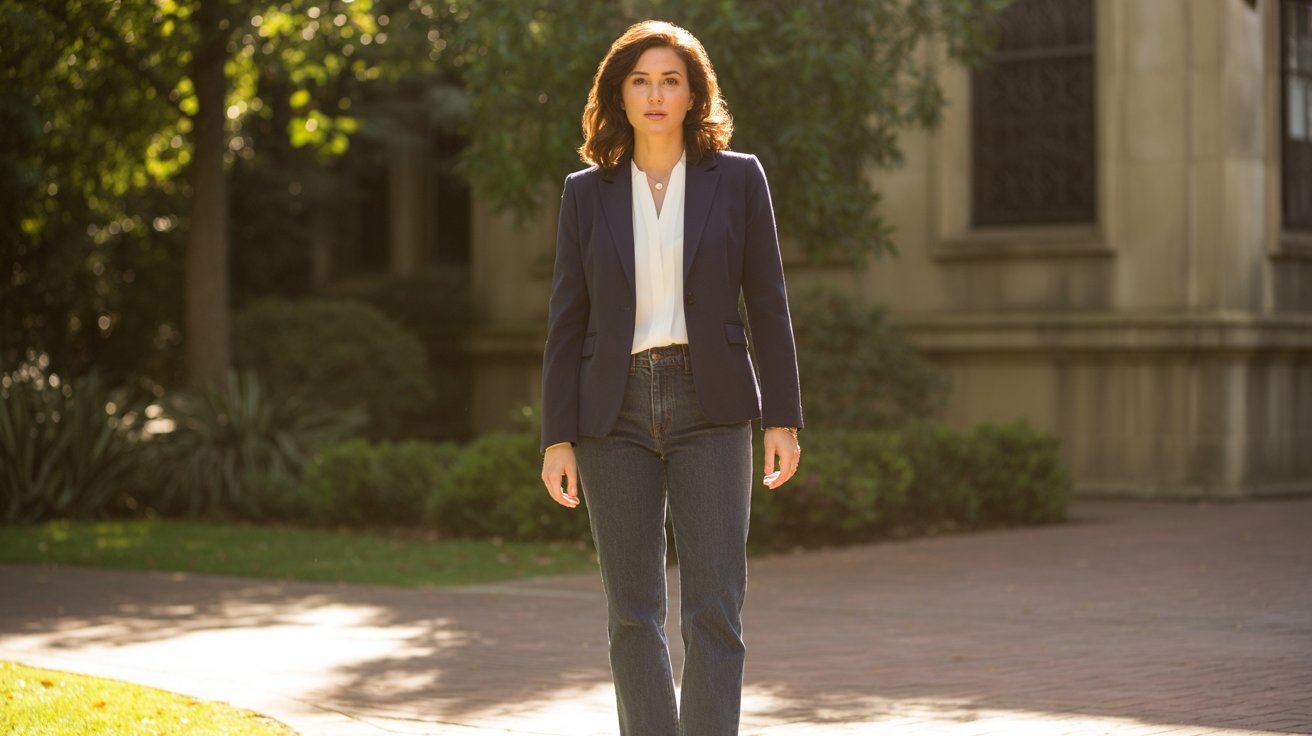 Smart casual church outfit with jeans and blouse for women