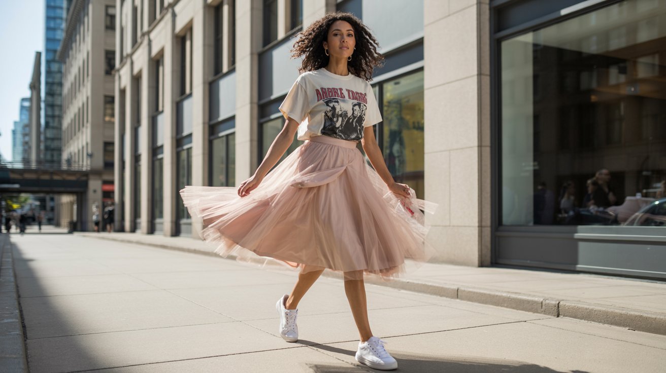A woman walks confidently on a city sidewalk, wearing a graphic T-shirt and a flowing pink tulle skirt, with white sneakers. The scene feels energetic and stylish.