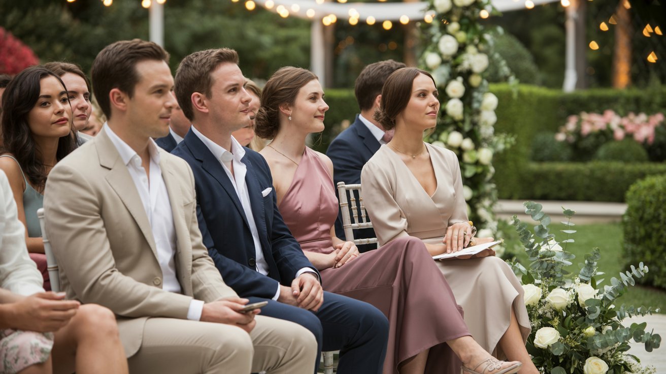 Guests at an outdoor wedding sit attentively in elegant attire. The setting features lush greenery, floral arrangements, and string lights, conveying a joyful ambiance.