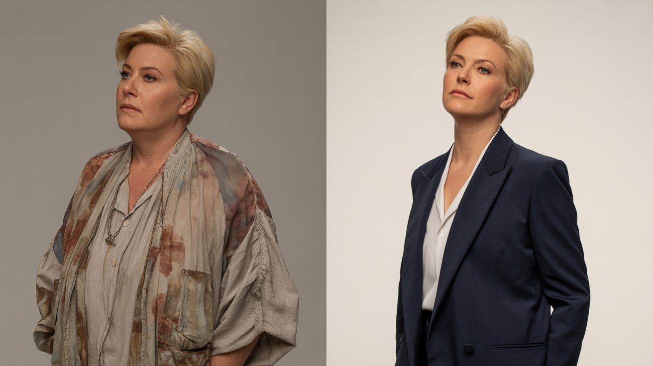 Two images side by side show a woman with short blonde hair. On the left, she is in a casual, layered outfit; on the right, she's in a smart navy suit.