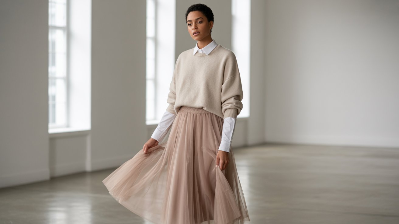 A person in a beige sweater and white shirt gracefully holds a flowing, soft pink tulle skirt in a bright, minimalistic room with large windows.