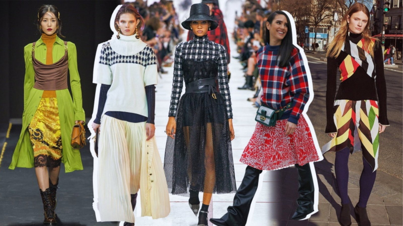 A collage of five fashion models showcases diverse, vibrant outfits. Styles include layered dresses, plaid patterns, and bold colors, exuding a modern, eclectic vibe.