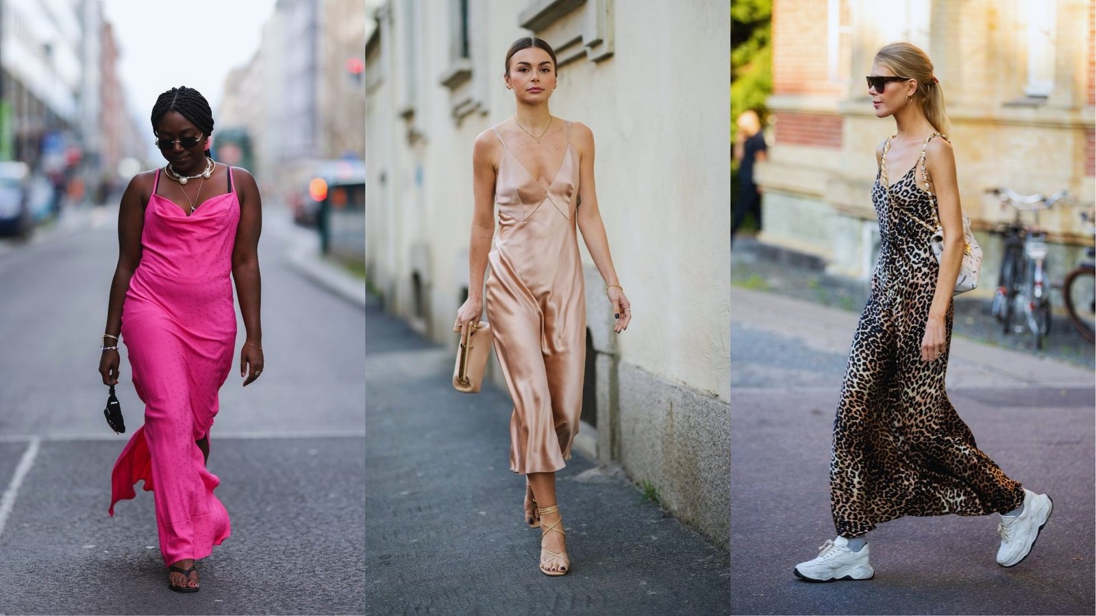 Three women in elegant slip dresses show street style fashion. The first wears vibrant pink, the second a silky bronze, and the third leopard print, paired with sneakers.