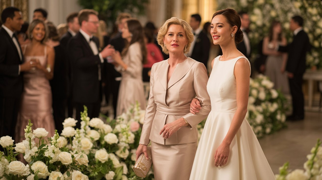 Two elegantly dressed women stand arm-in-arm at a formal event, surrounded by lush floral arrangements. The woman in white smiles warmly, exuding joy.