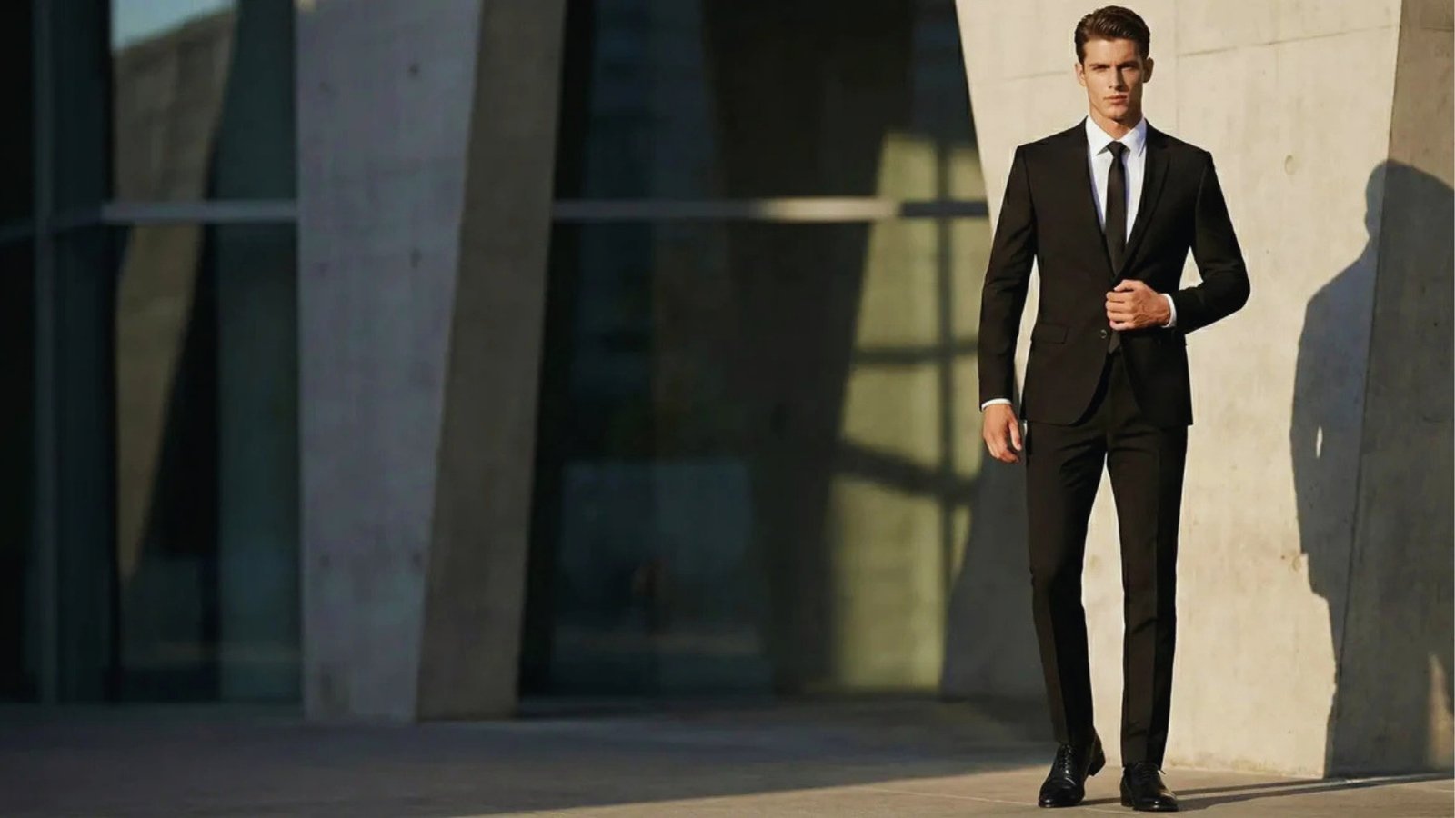 A man in a sharp black suit stands confidently against a concrete architectural background. The lighting casts a strong shadow, setting a professional tone.