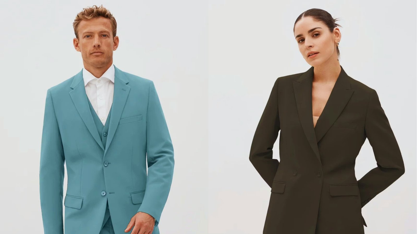 A man in a turquoise suit and a woman in a dark olive suit stand confidently against a plain background. Both convey professionalism and style.