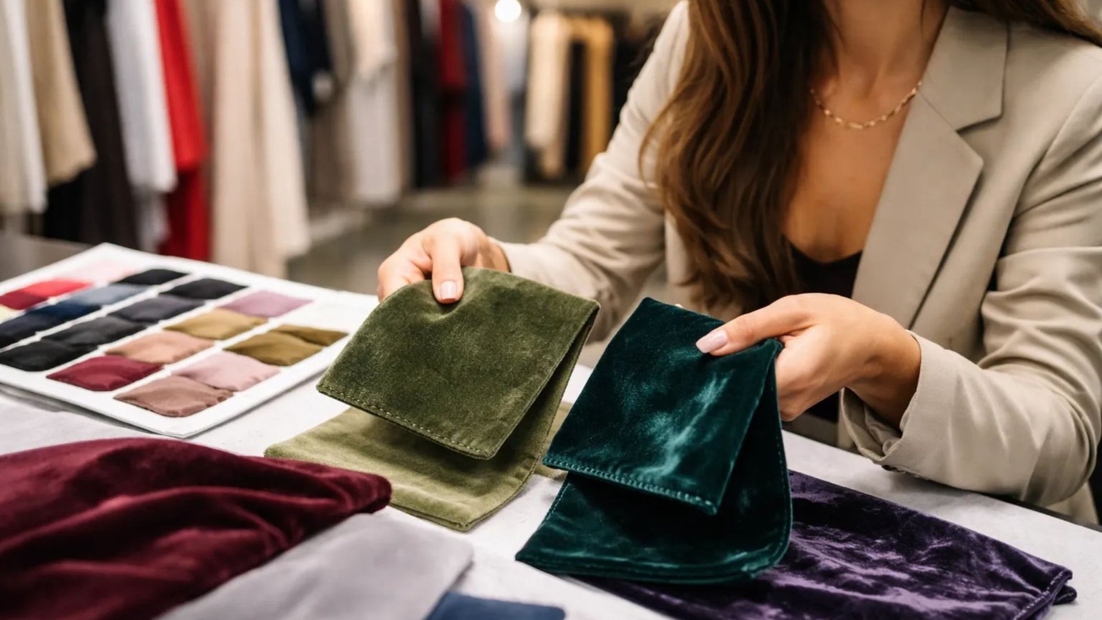 A woman in a blazer examines luxurious fabric swatches, focusing on dark green velvet, in a well-lit store. A palette of colorful samples lies on the table.