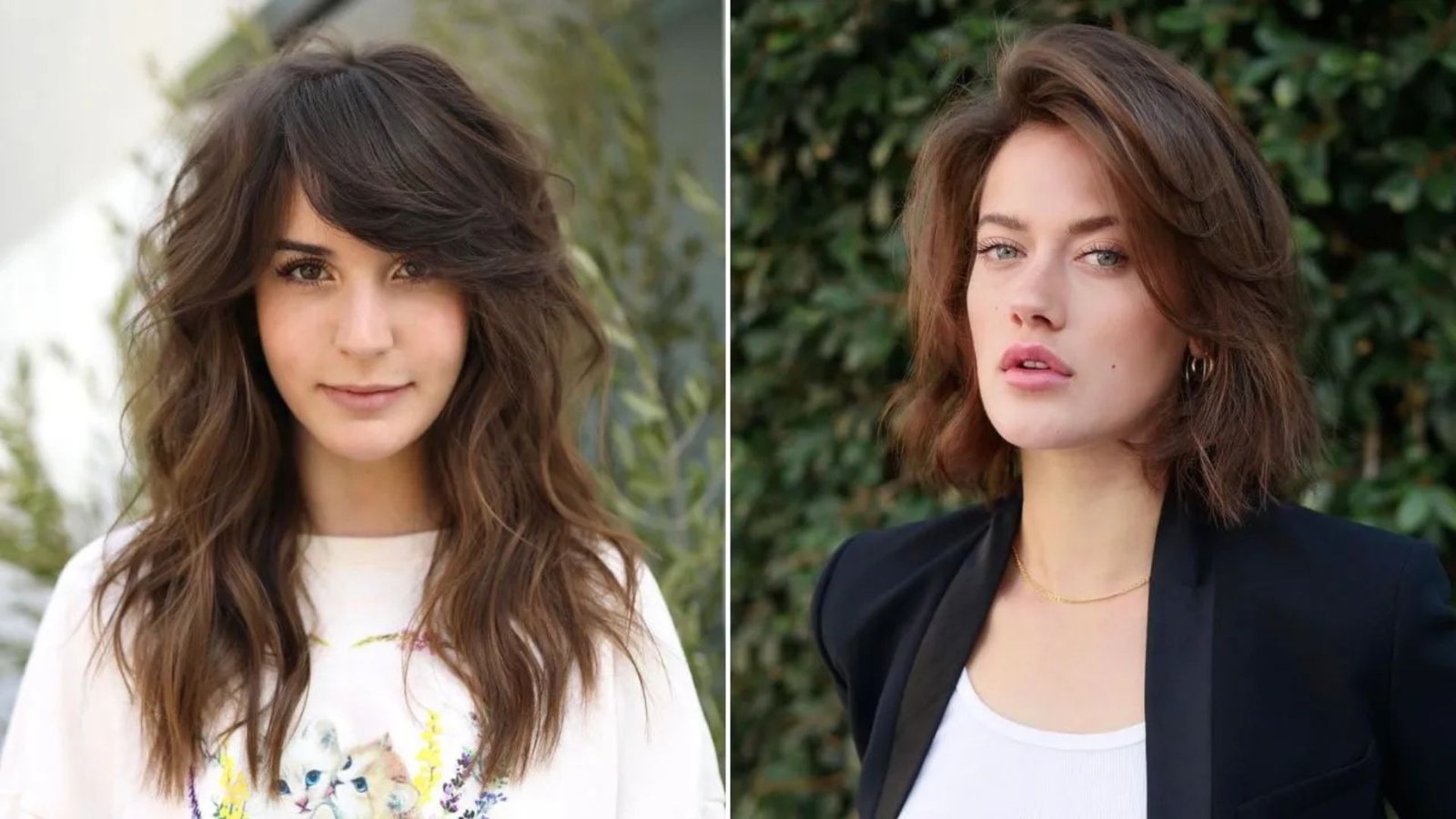 Split image of two women demonstrating face-framing bang variations. Left shows thick side-swept bangs on long waves, right has soft curtain bangs on a lob.