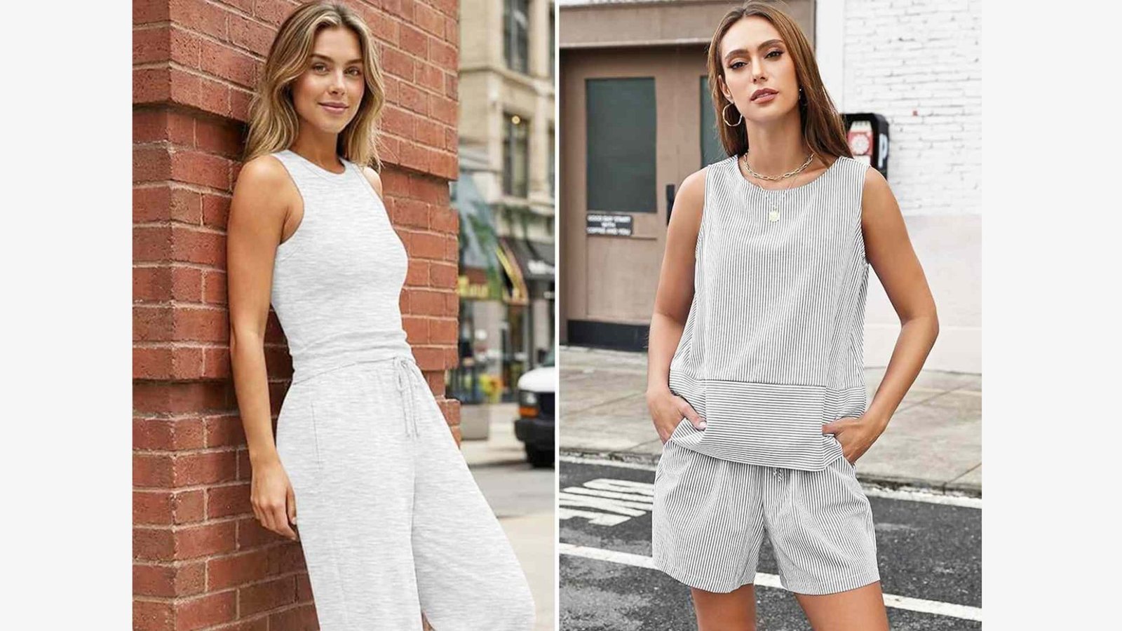 Two easy summer mom outfit sets: a light gray sleeveless wide-leg jumpsuit styled against a brick wall, and a black and white pinstripe sleeveless top with matching shorts for a coordinated look.