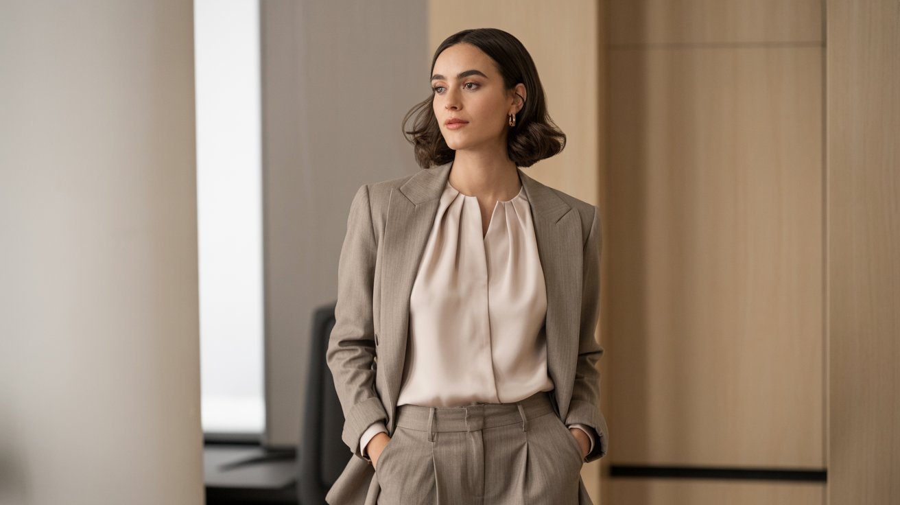 Woman wearing blouse and dress pants with blazer for court