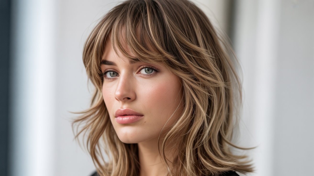 A woman with wavy, short hair styled with blunt bangs, smiling softly.
