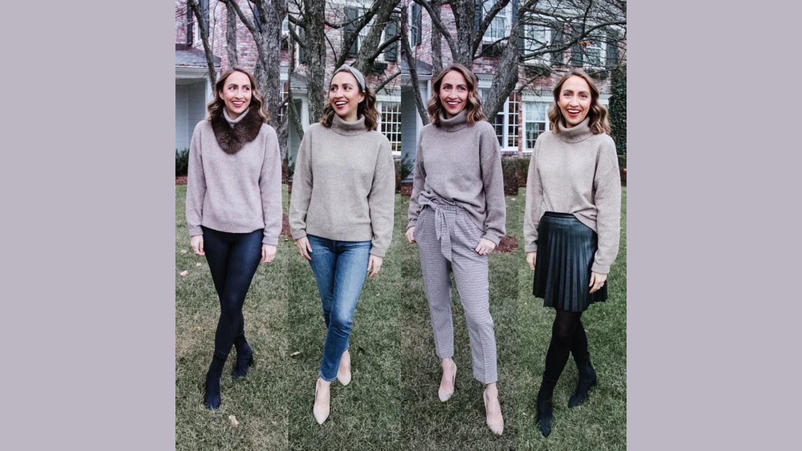 Four ways to wear a taupe turtleneck: with leggings, jeans, trousers, or a pleated skirt. Versatile 90s mom outfit ideas for cooler days.