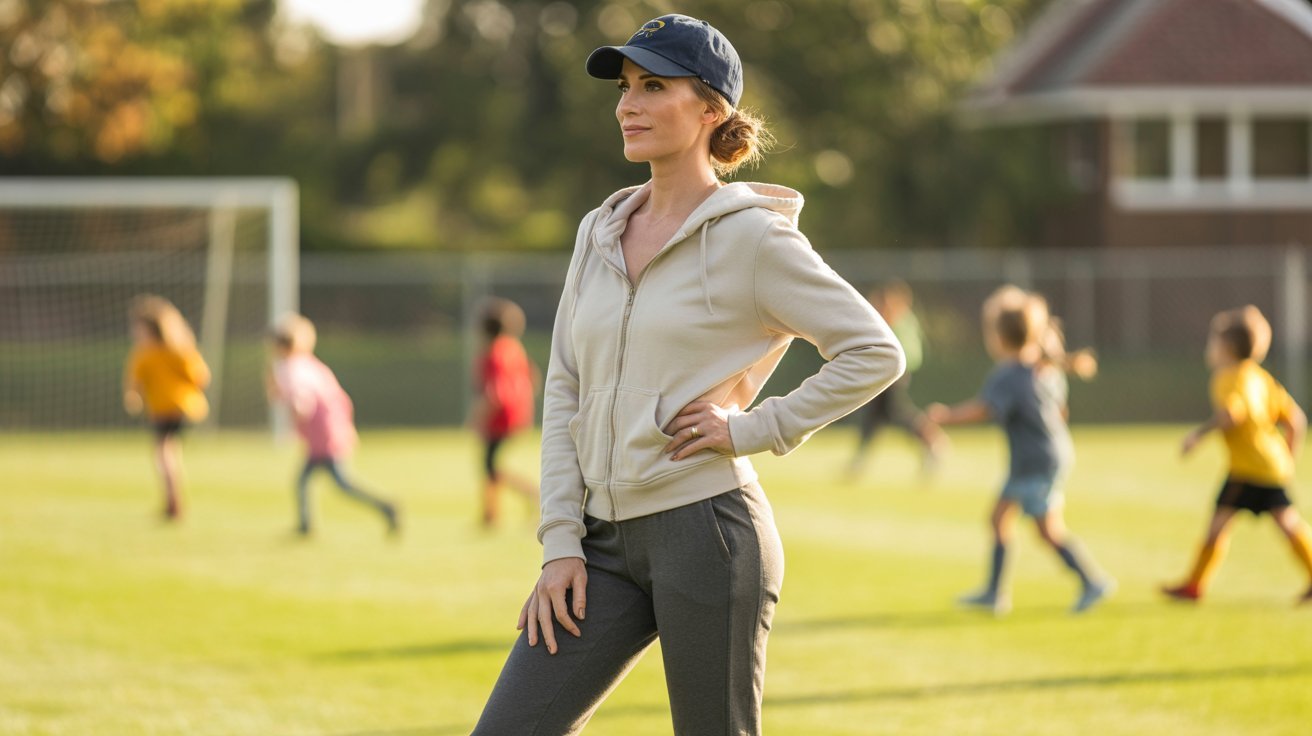 A woman in a baseball cap stands on a soccer field, dressed in joggers and a zip-up hoodie, ready for game day.