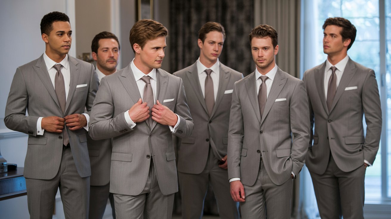 Six men in gray suits with white shirts and gray ties stand in a room with neutral decor. They exude confidence and camaraderie, appearing formal yet relaxed.