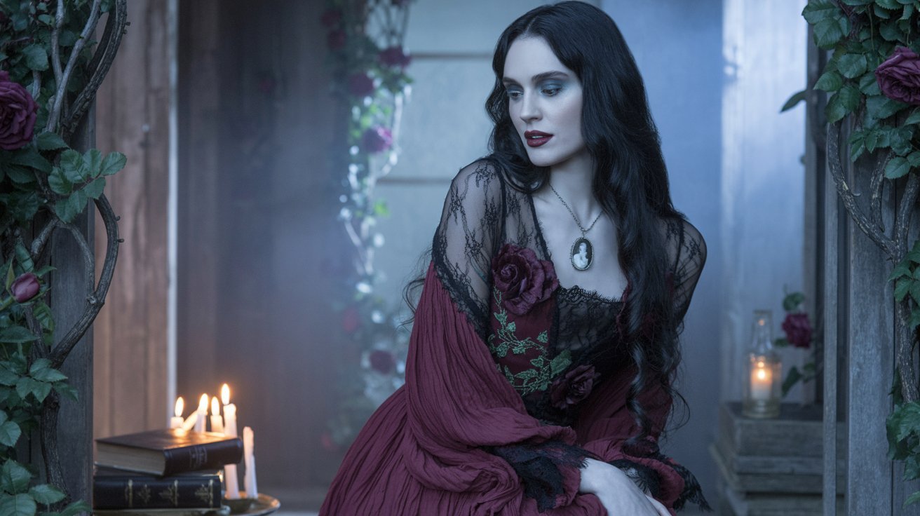 A woman in a flowing red dress sits on a bench surrounded by flickering candles, evoking a romantic goth atmosphere.
