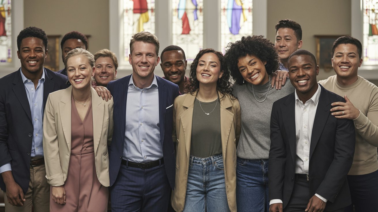 Variety of church outfits from formal to casual worn by different people
