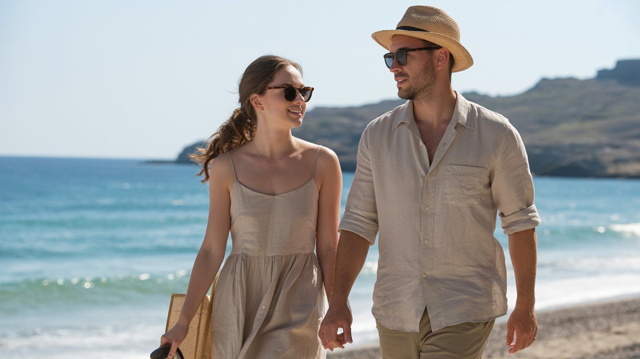 Summer outfits in Greece with linen clothes and beachside style