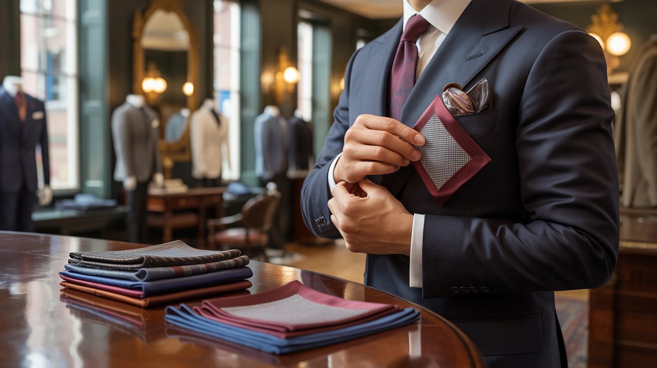 A well-dressed man in a suit adjusts a pocket square in a stylish clothing store. Neatly folded fabric samples are displayed on a polished wood table.