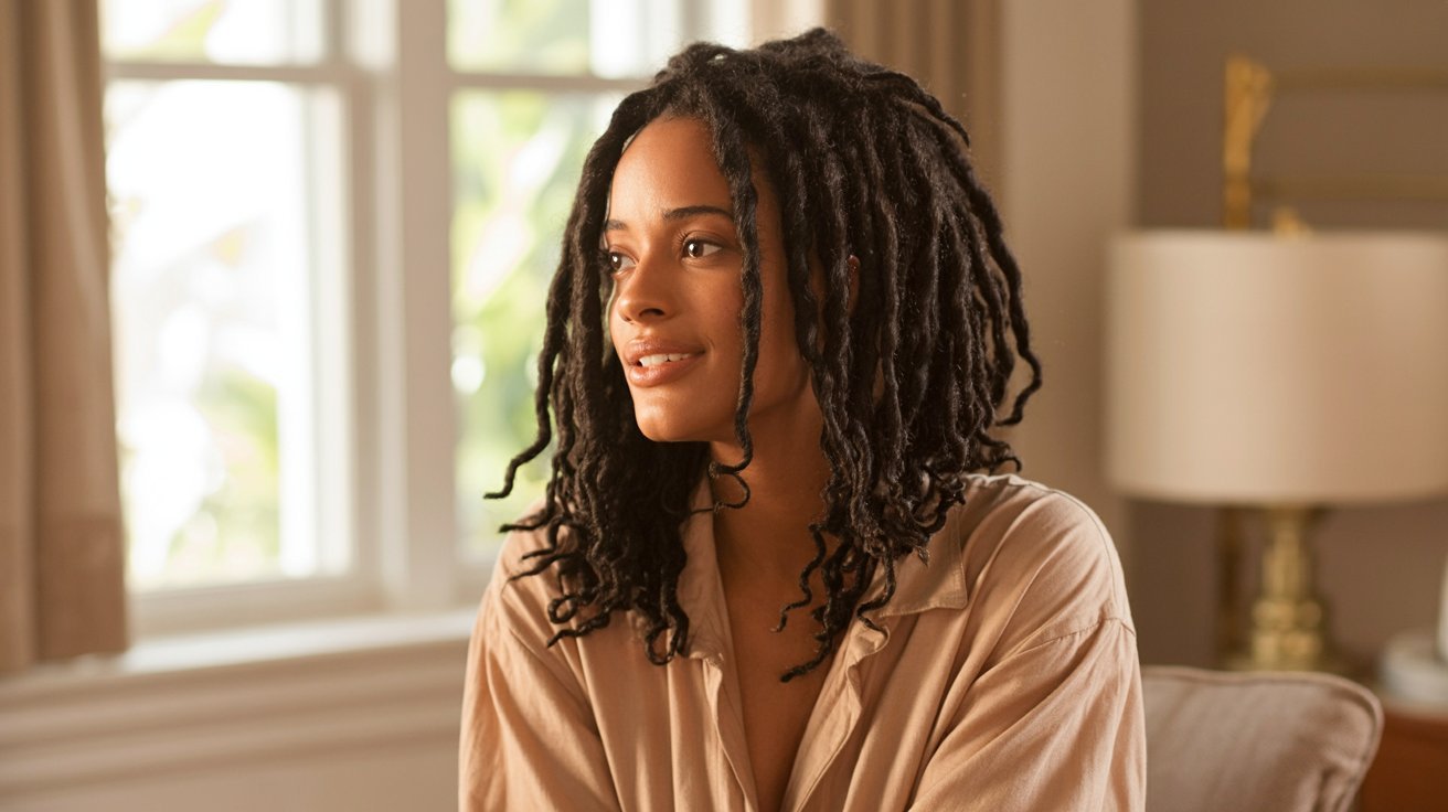 A woman with dreadlocks sits comfortably on a couch, showcasing a natural look with faux locs.