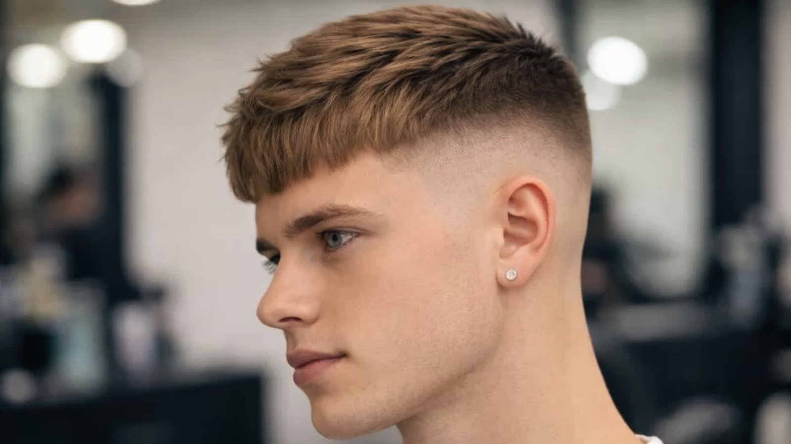 A young man with a short haircut, featuring a layered disconnected undercut fade, sits in a barber shop.