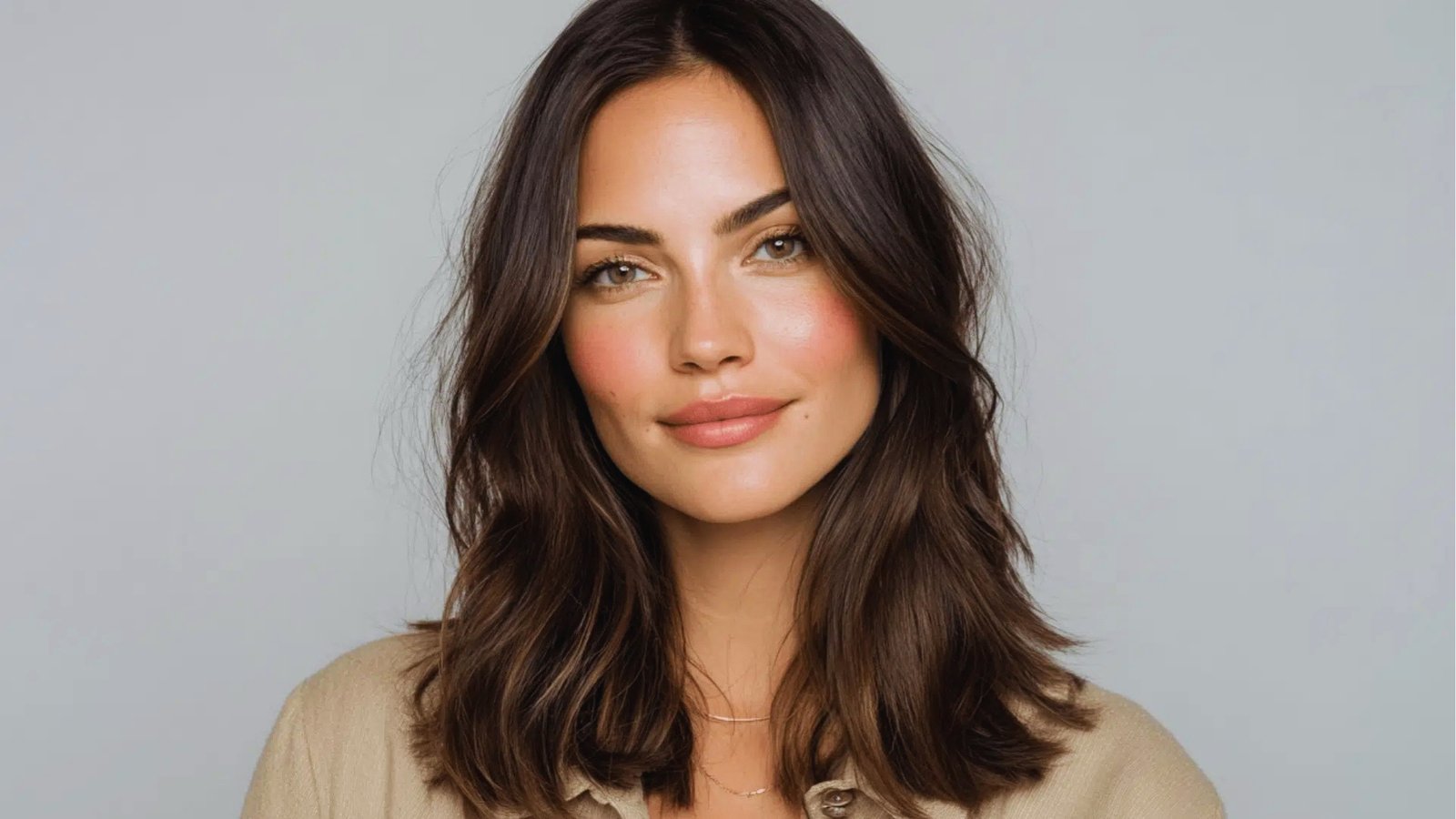 Tousled wavy shoulder length haircut with long layers and natural movement on dark brunette hair