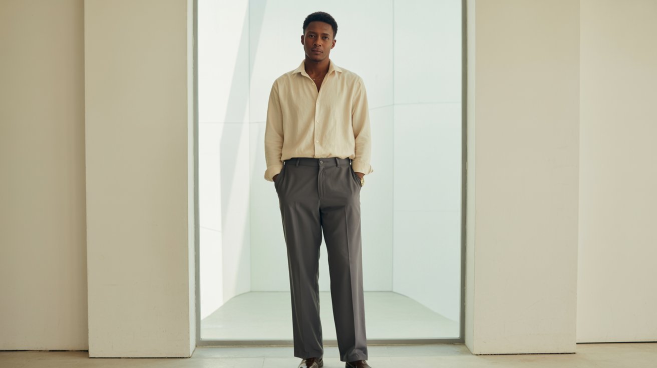 A man stands confidently against a minimalist backdrop, wearing a beige shirt and gray trousers. The setting exudes a calm, modern elegance.