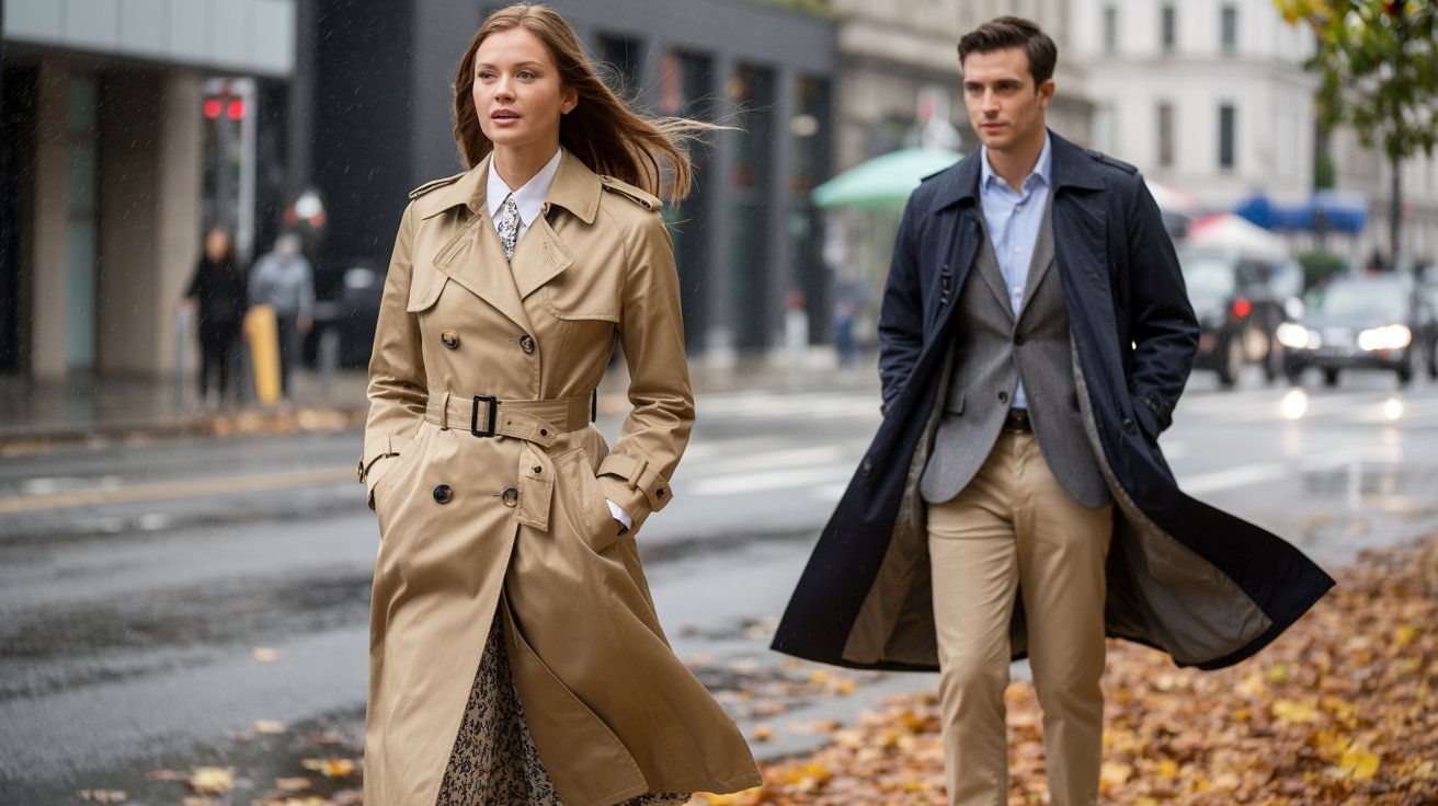 A woman in a beige trench coat and a man in a navy trench coat confidently walk in an urban setting, conveying elegance and professionalism.