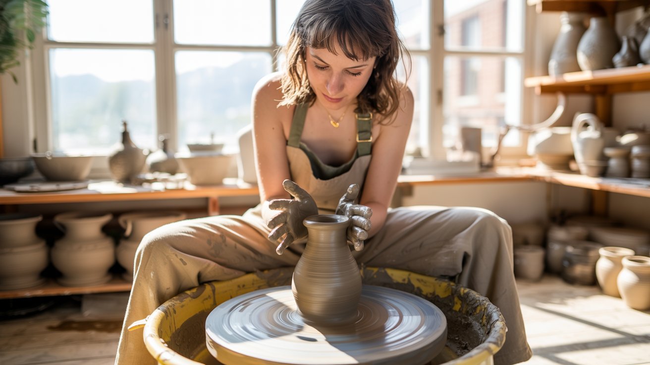 A focused potter in an apron shapes clay on a potter's wheel in a sunlit studio, surrounded by finished pottery pieces, conveying creativity and concentration.