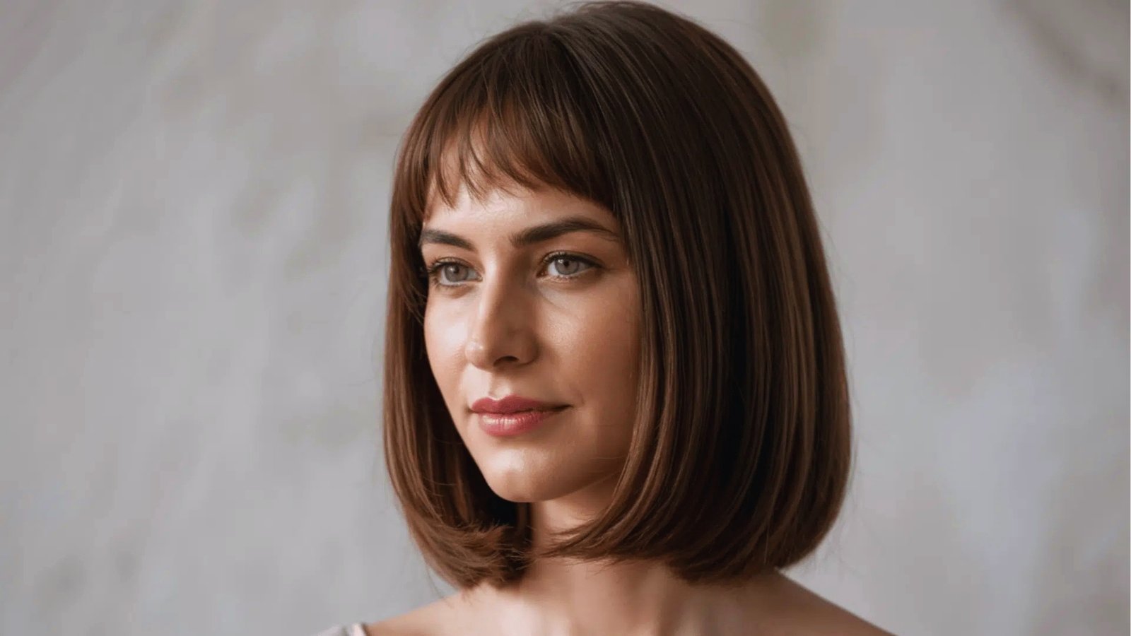 Sleek blunt shoulder length bob haircut with straight bangs on rich brown hair