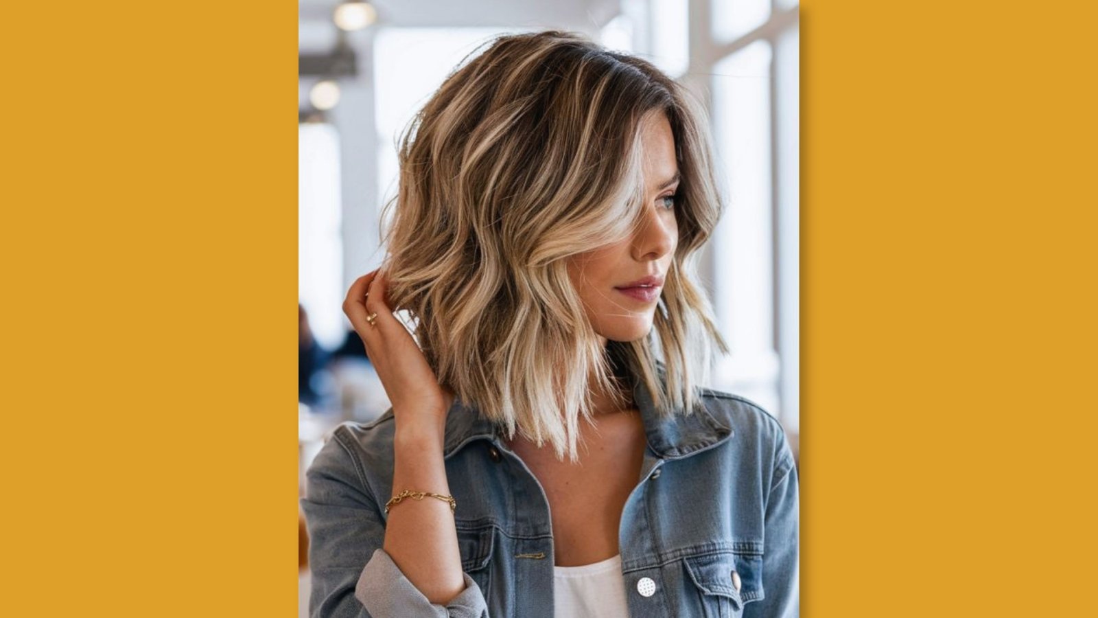 Low maintenance layered medium length shag with choppy texture and heavy side-swept bangs on light brown highlighted hair for round face 
