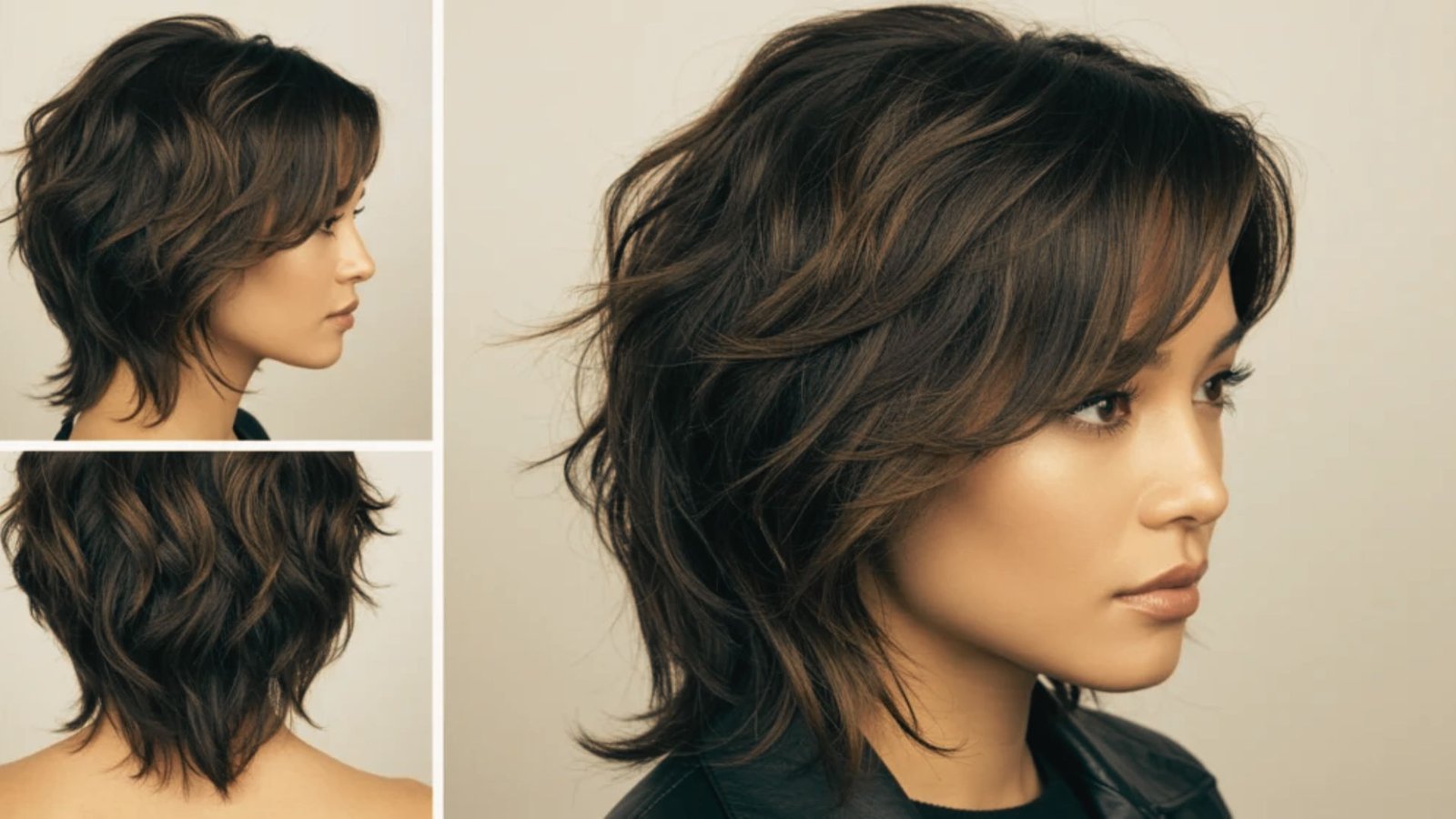 A woman with a classic modern mullet haircut, viewed from the side, showcasing her short hair and profile.