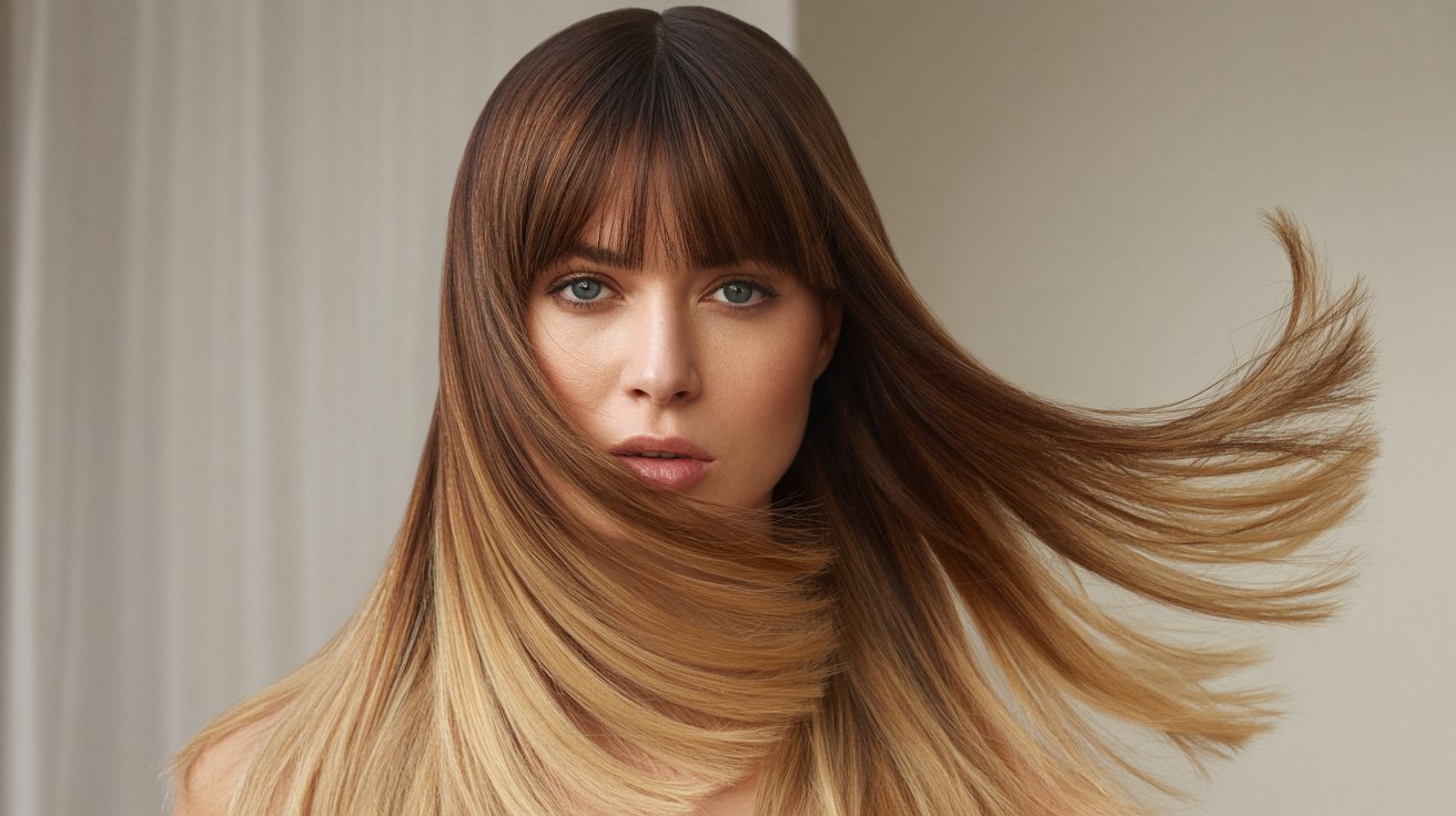 A woman with long, layered hair featuring brown and blonde ombre and curtain bangs.

