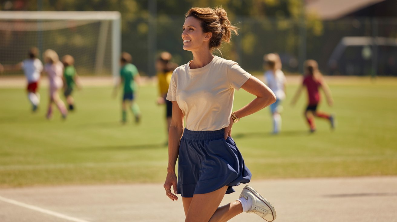 A woman in a skort and casual tee runs on a soccer field, embodying a comfortable and sporty look for warm days.