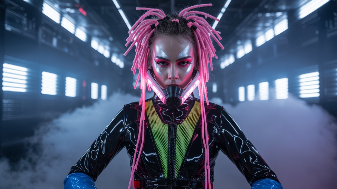 A woman with pink and neon hair poses confidently in a smoke-filled room, embodying cyber goth style with striking visuals.