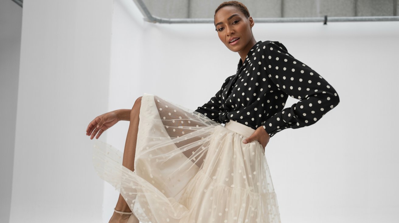 Woman in a black polka dot blouse and sheer cream skirt poses confidently in a bright studio, conveying elegance and modern style.