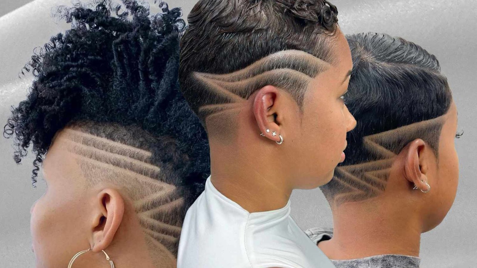 Three women shown in profile displaying geometric line designs shaved into side undercuts