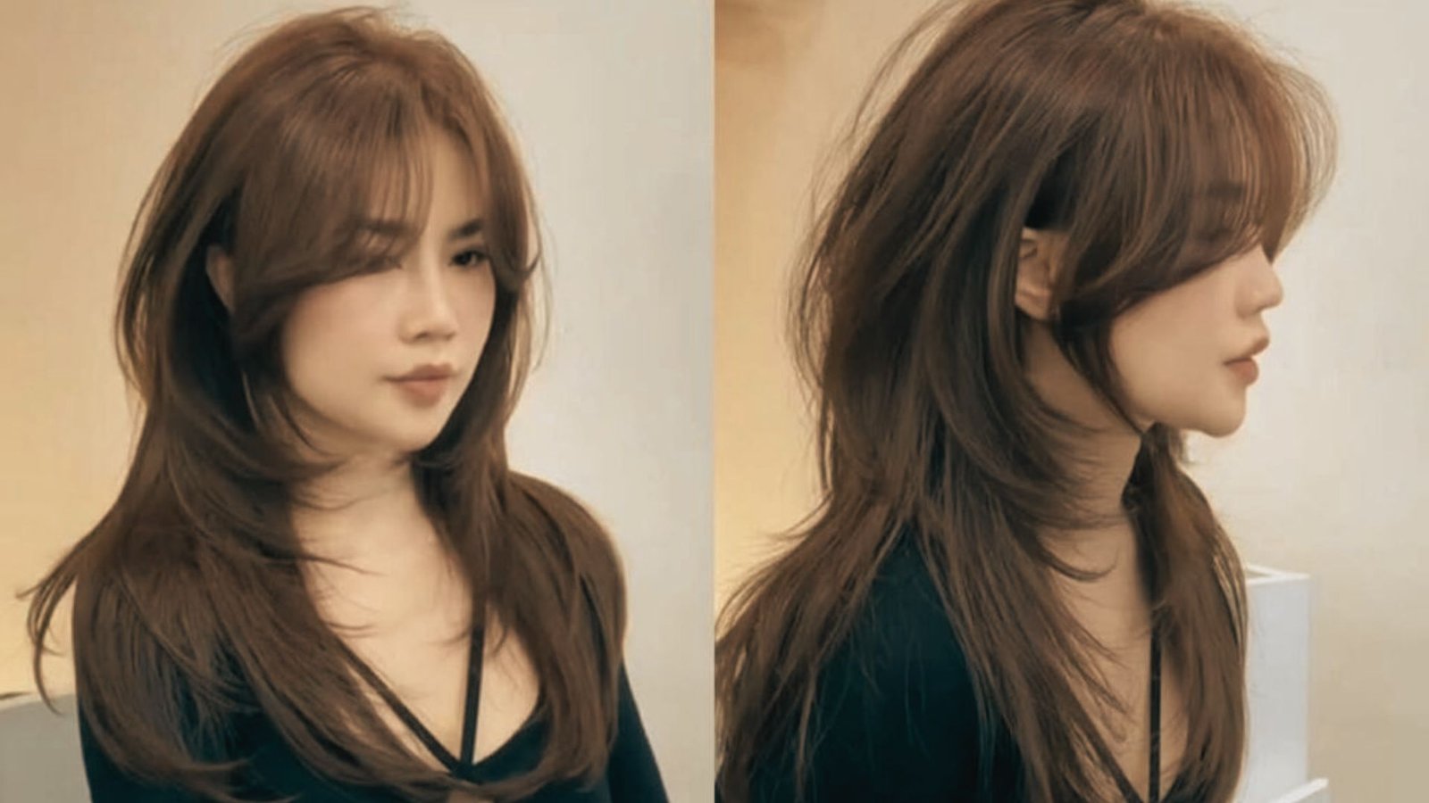 Before and after images of a woman with long brown hair styled into a long layered mullet haircut.